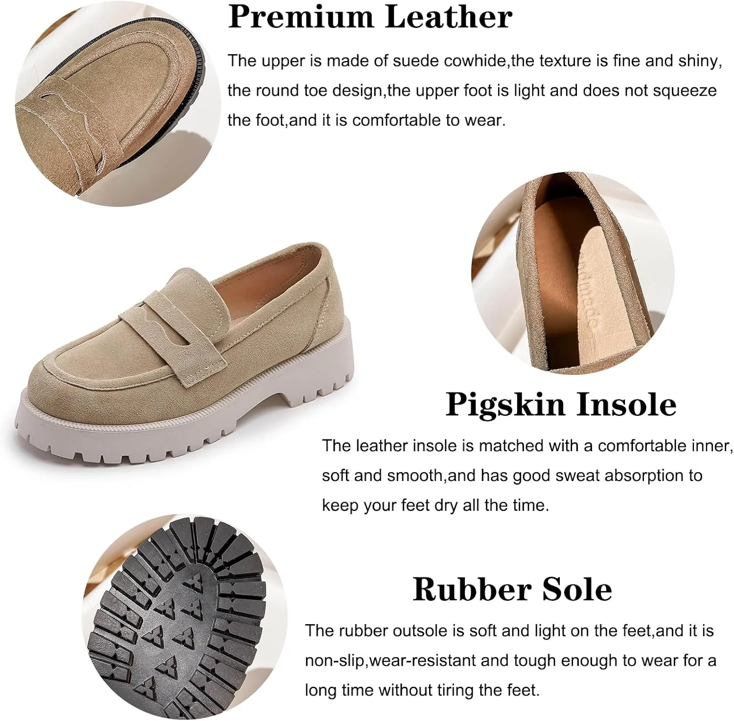 Women's Leather Lug Sole Penny Loafers Classic Round Toe Comfort Slip On Uniform Dress Shoes Casual Fashion Chunky Heel Work Shoes