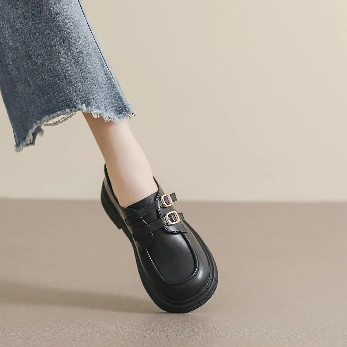 Women's Leather Platform Loafers with Ankle Strap Fastener,Comfortable Soft Casual Office Work Formal Shoes