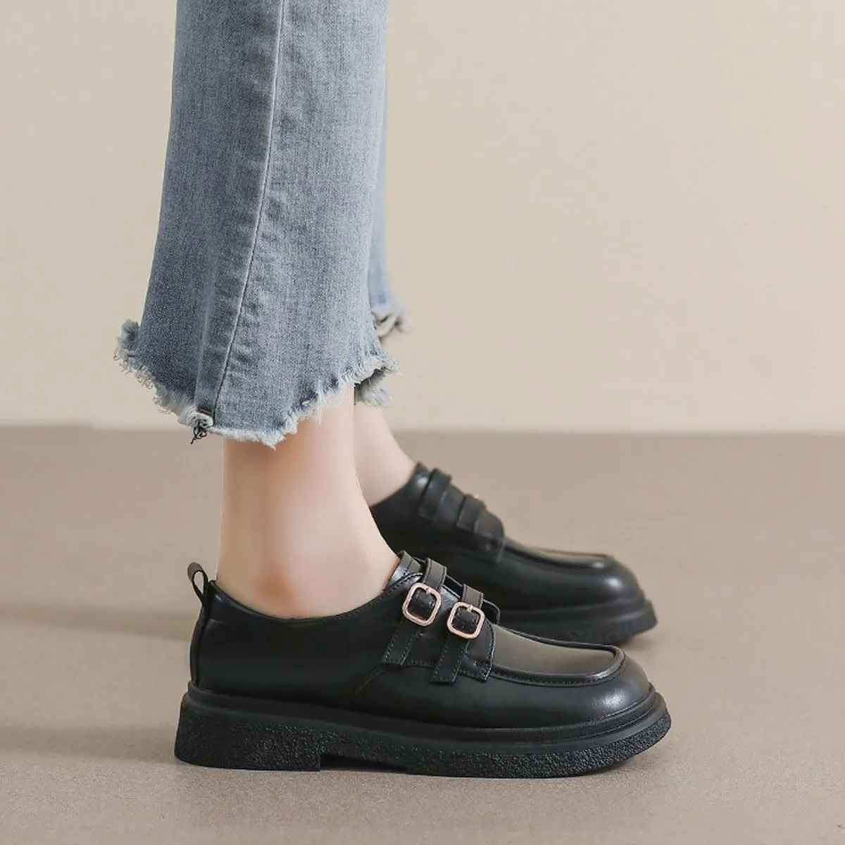 Women's Leather Platform Loafers with Ankle Strap Fastener,Comfortable Soft Casual Office Work Formal Shoes