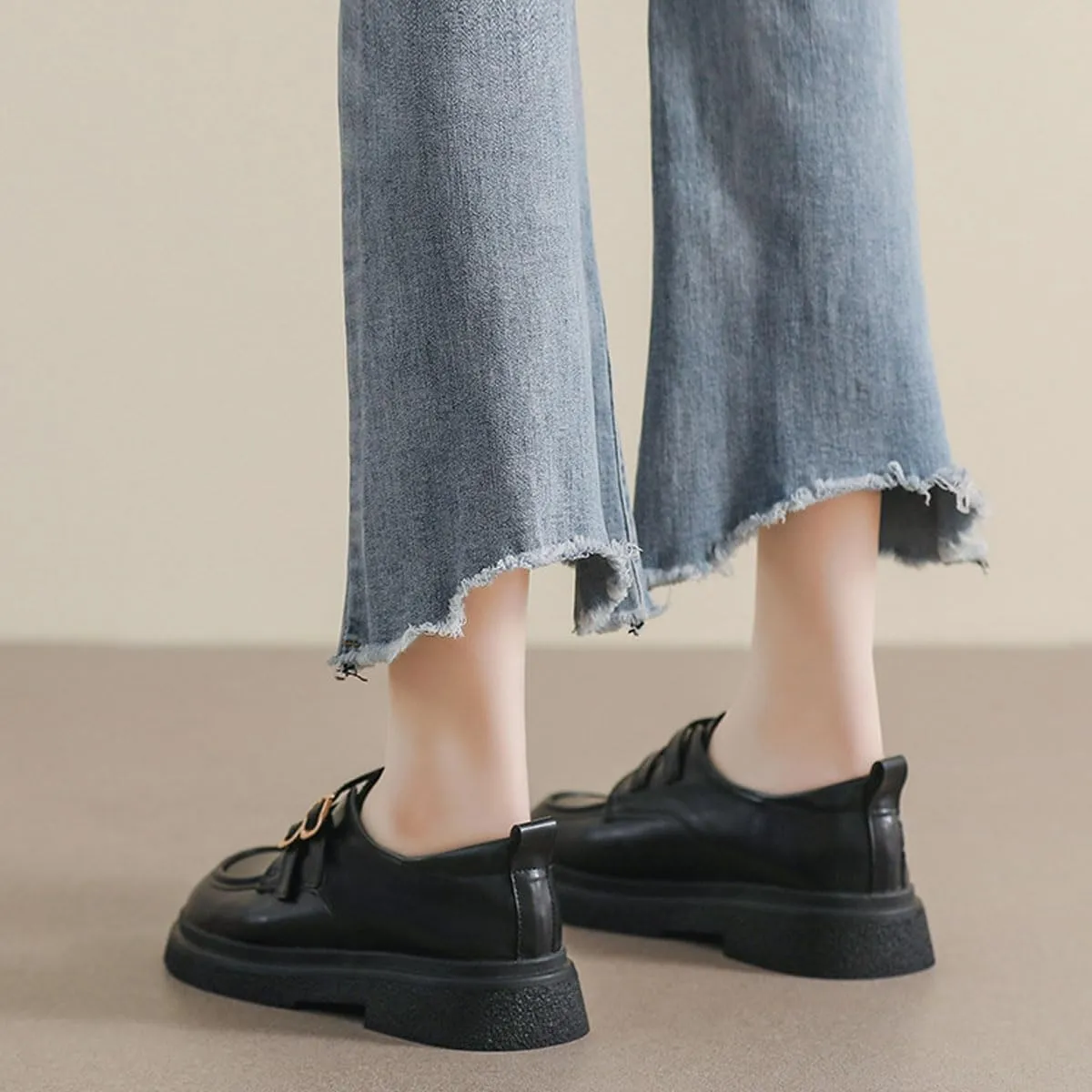 Women's Leather Platform Loafers with Ankle Strap Fastener,Comfortable Soft Casual Office Work Formal Shoes