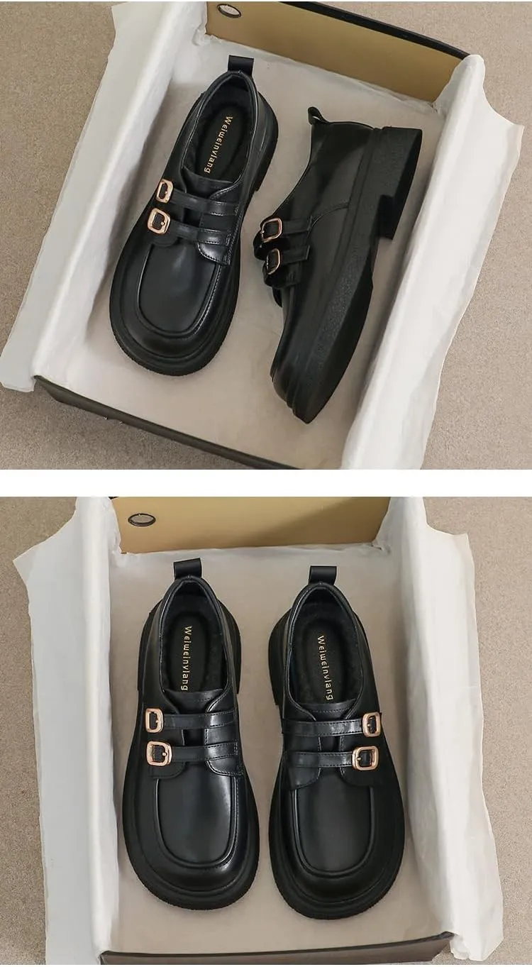 Women's Leather Platform Loafers with Ankle Strap Fastener,Comfortable Soft Casual Office Work Formal Shoes