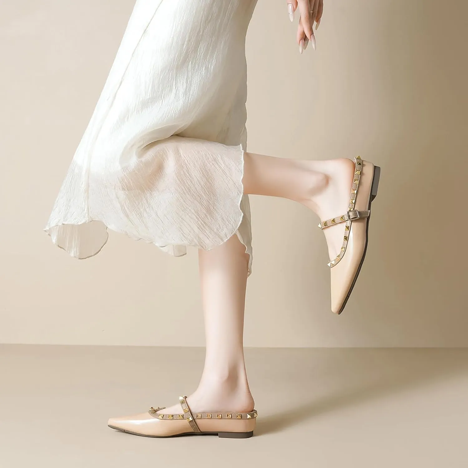 Women's Leather Rivet Pointed Toe Strap Flat Mules Fashion Slip On Closed Toe Slingback Internal Height Increase Slides Summer Outdoor Wedding Party Dress Shoes
