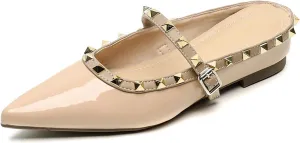 Women's Leather Rivet Pointed Toe Strap Flat Mules Fashion Slip On Closed Toe Slingback Internal Height Increase Slides Summer Outdoor Wedding Party Dress Shoes
