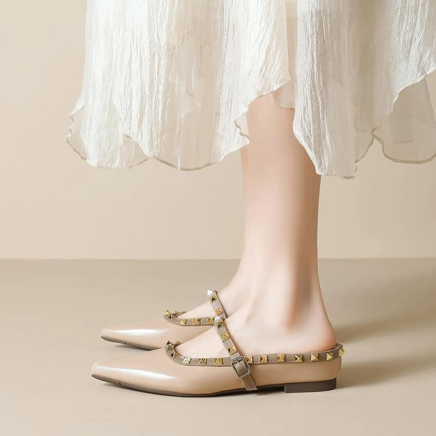 Women's Leather Rivet Pointed Toe Strap Flat Mules Fashion Slip On Closed Toe Slingback Internal Height Increase Slides Summer Outdoor Wedding Party Dress Shoes