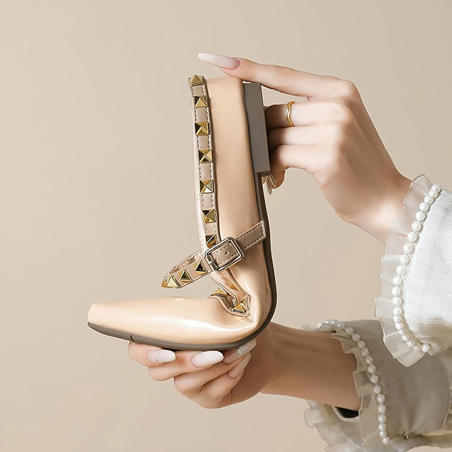 Women's Leather Rivet Pointed Toe Strap Flat Mules Fashion Slip On Closed Toe Slingback Internal Height Increase Slides Summer Outdoor Wedding Party Dress Shoes
