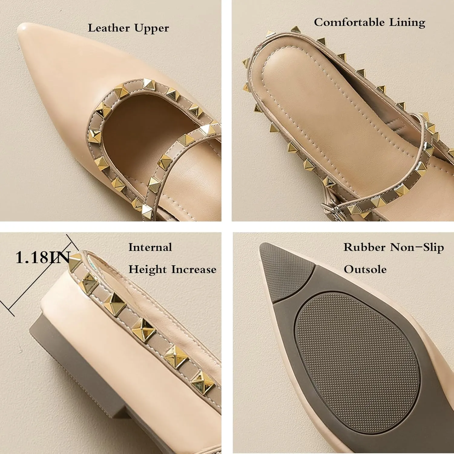 Women's Leather Rivet Pointed Toe Strap Flat Mules Fashion Slip On Closed Toe Slingback Internal Height Increase Slides Summer Outdoor Wedding Party Dress Shoes