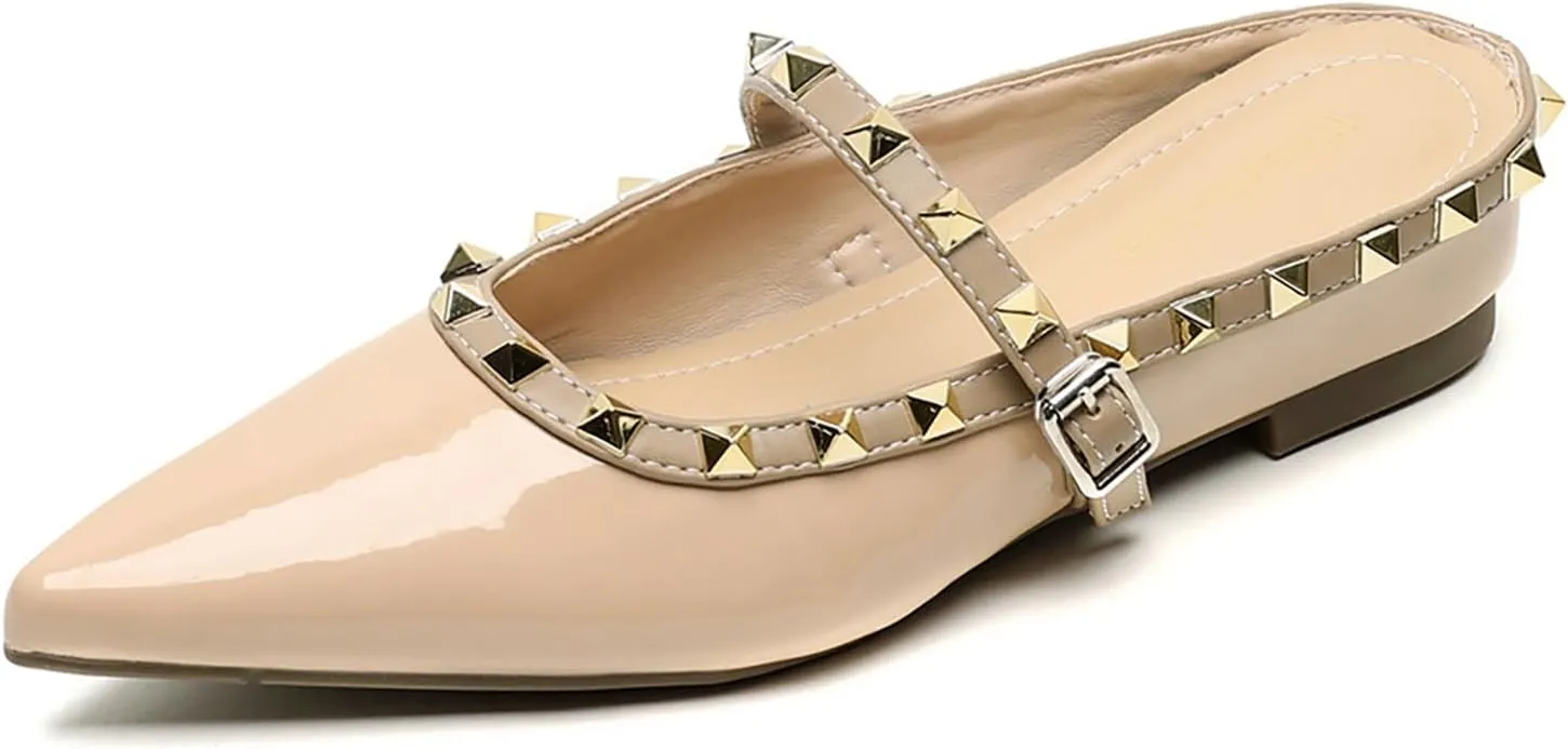 Women's Leather Rivet Pointed Toe Strap Flat Mules Fashion Slip On Closed Toe Slingback Internal Height Increase Slides Summer Outdoor Wedding Party Dress Shoes