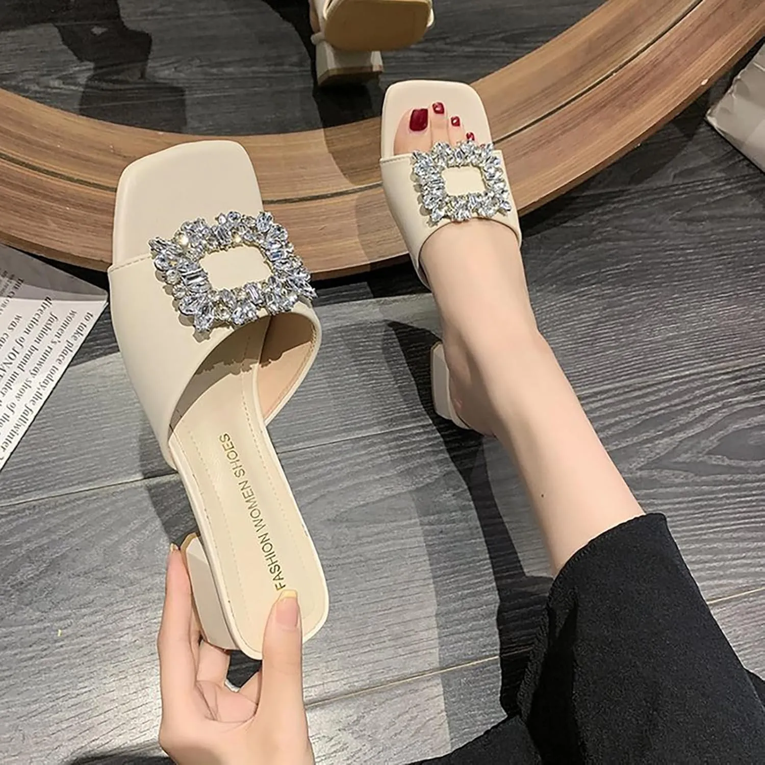 Women's Leather Square Rhinestone Block Heel Mules Sandals Fashion Square Open Toe Low Block Heel Slides Sandals for Party Wedding Dress Shoes