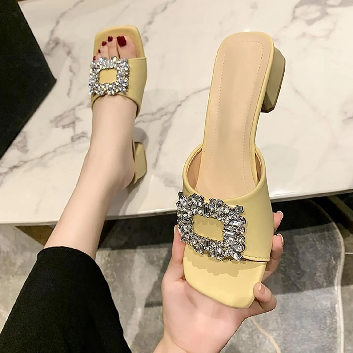 Women's Leather Square Rhinestone Block Heel Mules Sandals Fashion Square Open Toe Low Block Heel Slides Sandals for Party Wedding Dress Shoes