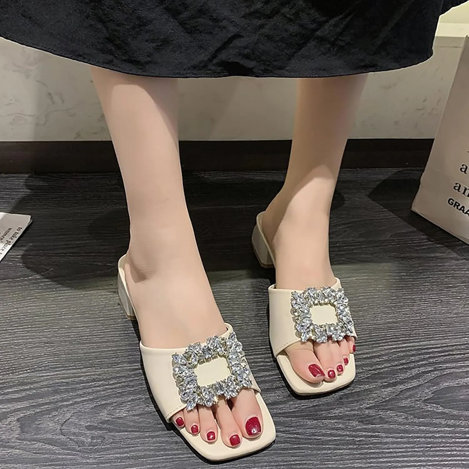 Women's Leather Square Rhinestone Block Heel Mules Sandals Fashion Square Open Toe Low Block Heel Slides Sandals for Party Wedding Dress Shoes