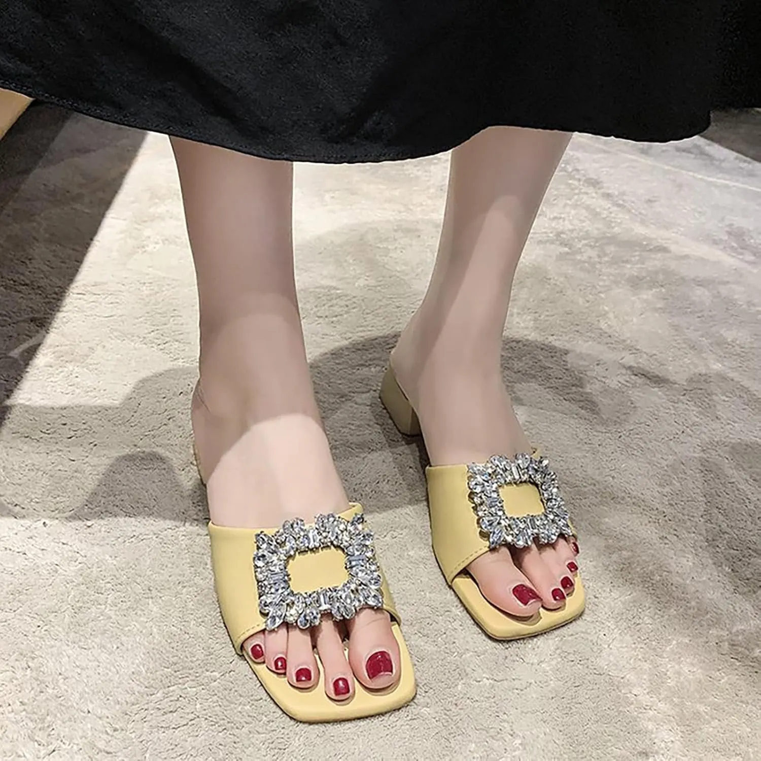Women's Leather Square Rhinestone Block Heel Mules Sandals Fashion Square Open Toe Low Block Heel Slides Sandals for Party Wedding Dress Shoes