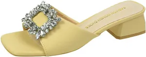 Women's Leather Square Rhinestone Block Heel Mules Sandals Fashion Square Open Toe Low Block Heel Slides Sandals for Party Wedding Dress Shoes