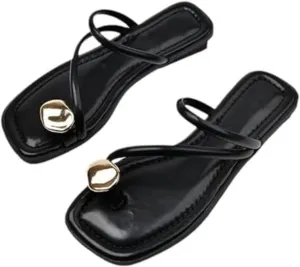 Women's Leather Strappy Flat Metal Toe Ring Sandals Fashionable Square Open Toe Low Block Heel Slip-On Clip Toe Slide Sandals Casual Summer Beach Slipper