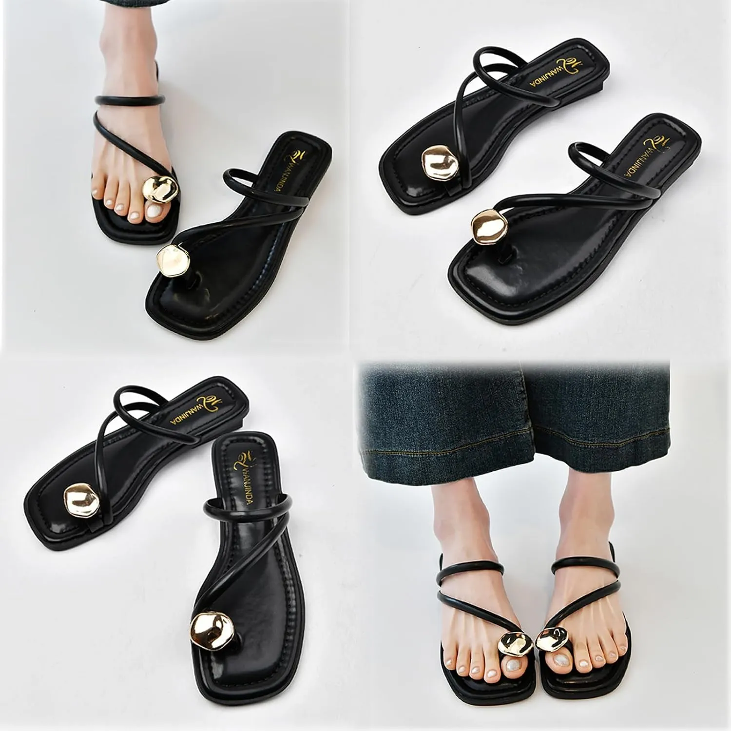 Women's Leather Strappy Flat Metal Toe Ring Sandals Fashionable Square Open Toe Low Block Heel Slip-On Clip Toe Slide Sandals Casual Summer Beach Slipper