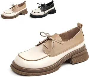 Women's Leather Thick-Soled Height-Enhancing British Lace-Up Oxford Shoes Versatile Fashion Contrast Color Comfortable Round Toe Thick Heel Loafers