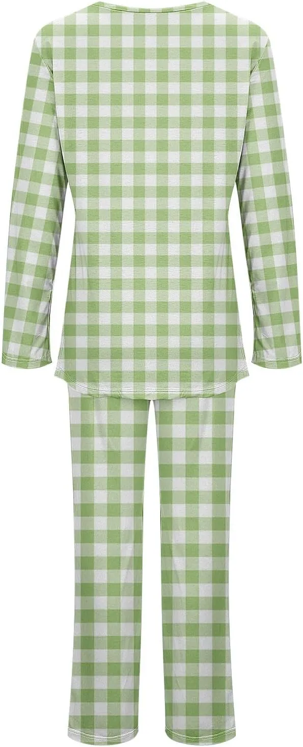 Womens Long Sleeve Pajamas Sets Graphic v Neck Shirts And Long Pants Lounge 2 Piece Sets Plaid Sleepwear Nightwear