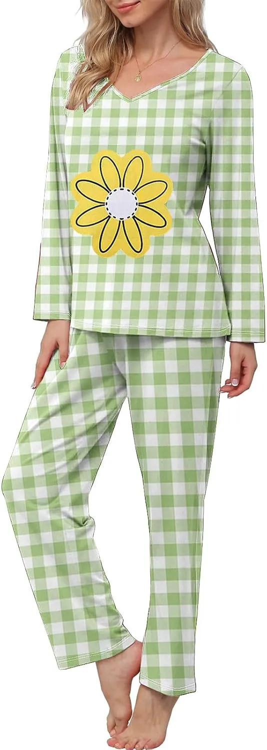 Womens Long Sleeve Pajamas Sets Graphic v Neck Shirts And Long Pants Lounge 2 Piece Sets Plaid Sleepwear Nightwear
