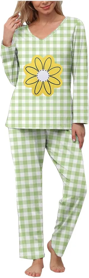 Womens Long Sleeve Pajamas Sets Graphic v Neck Shirts And Long Pants Lounge 2 Piece Sets Plaid Sleepwear Nightwear