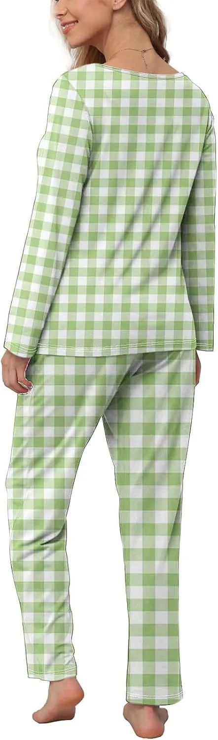 Womens Long Sleeve Pajamas Sets Graphic v Neck Shirts And Long Pants Lounge 2 Piece Sets Plaid Sleepwear Nightwear