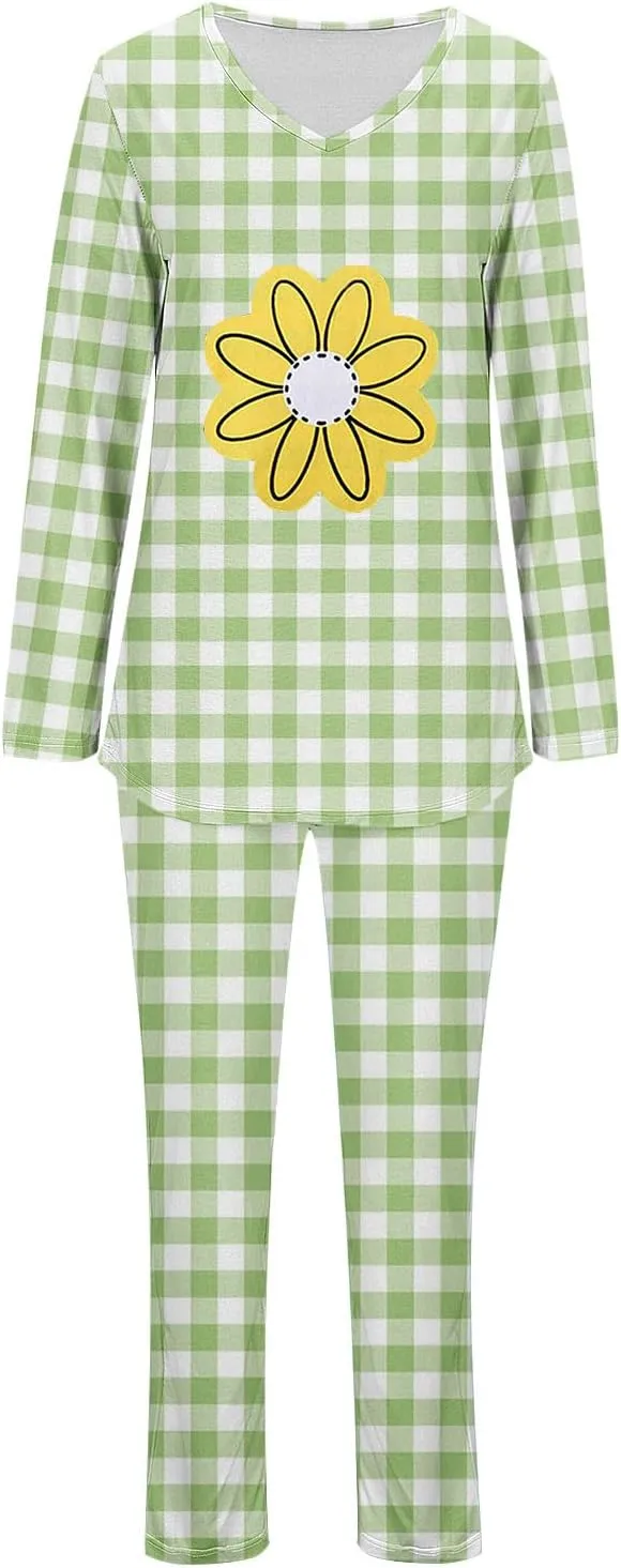 Womens Long Sleeve Pajamas Sets Graphic v Neck Shirts And Long Pants Lounge 2 Piece Sets Plaid Sleepwear Nightwear