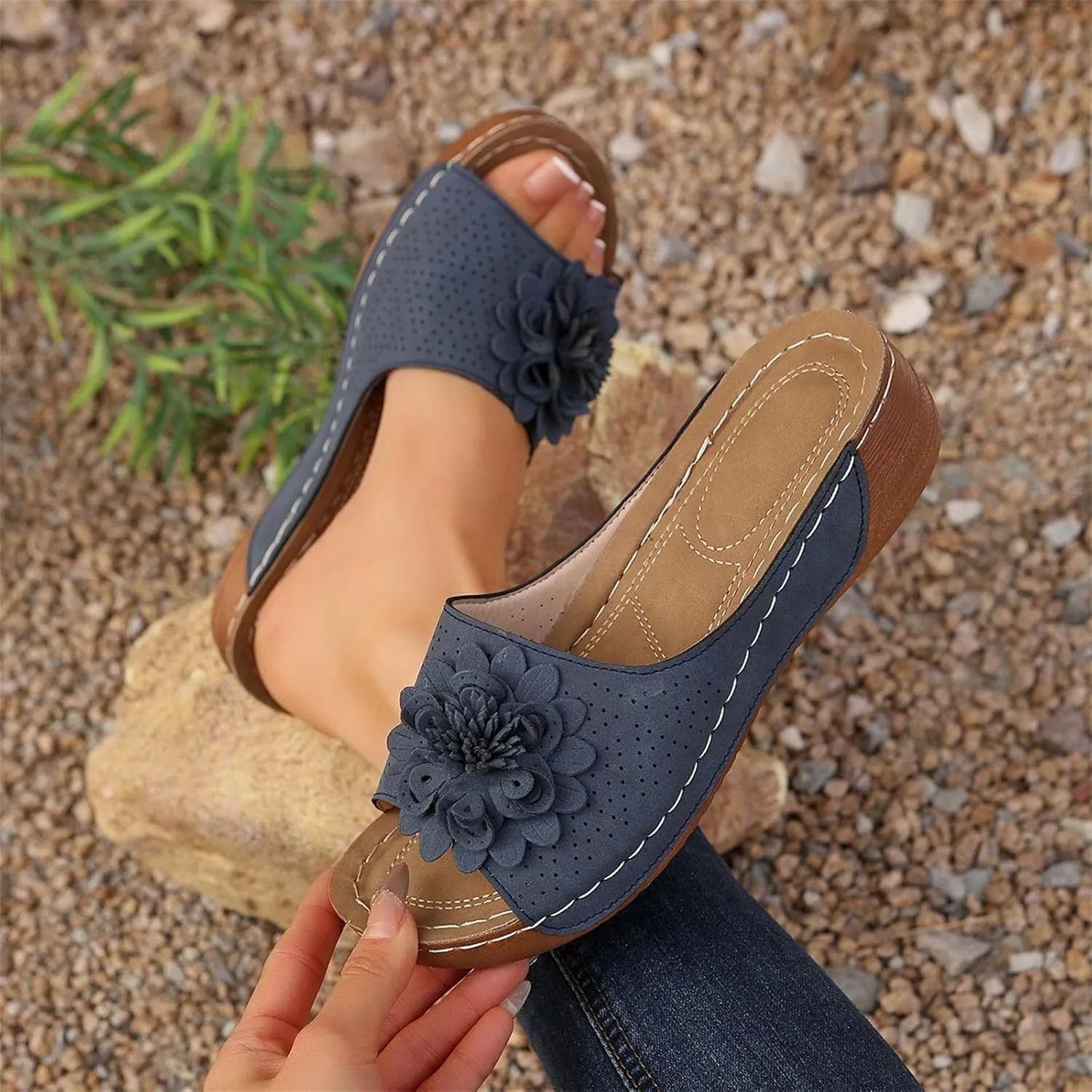 Womens Low Wedge Sandals Retro Bohemian Suede Leather Floral Breathable Slip On Orthopedic Arch Support Slide Sandals