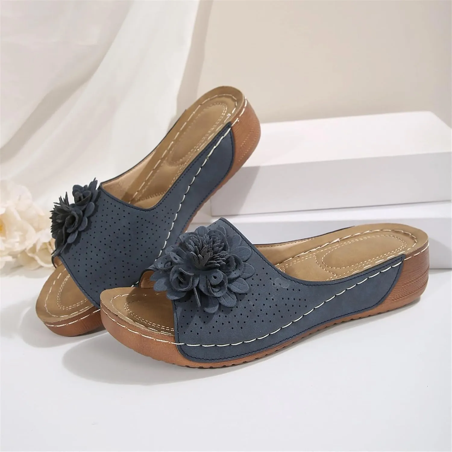 Womens Low Wedge Sandals Retro Bohemian Suede Leather Floral Breathable Slip On Orthopedic Arch Support Slide Sandals