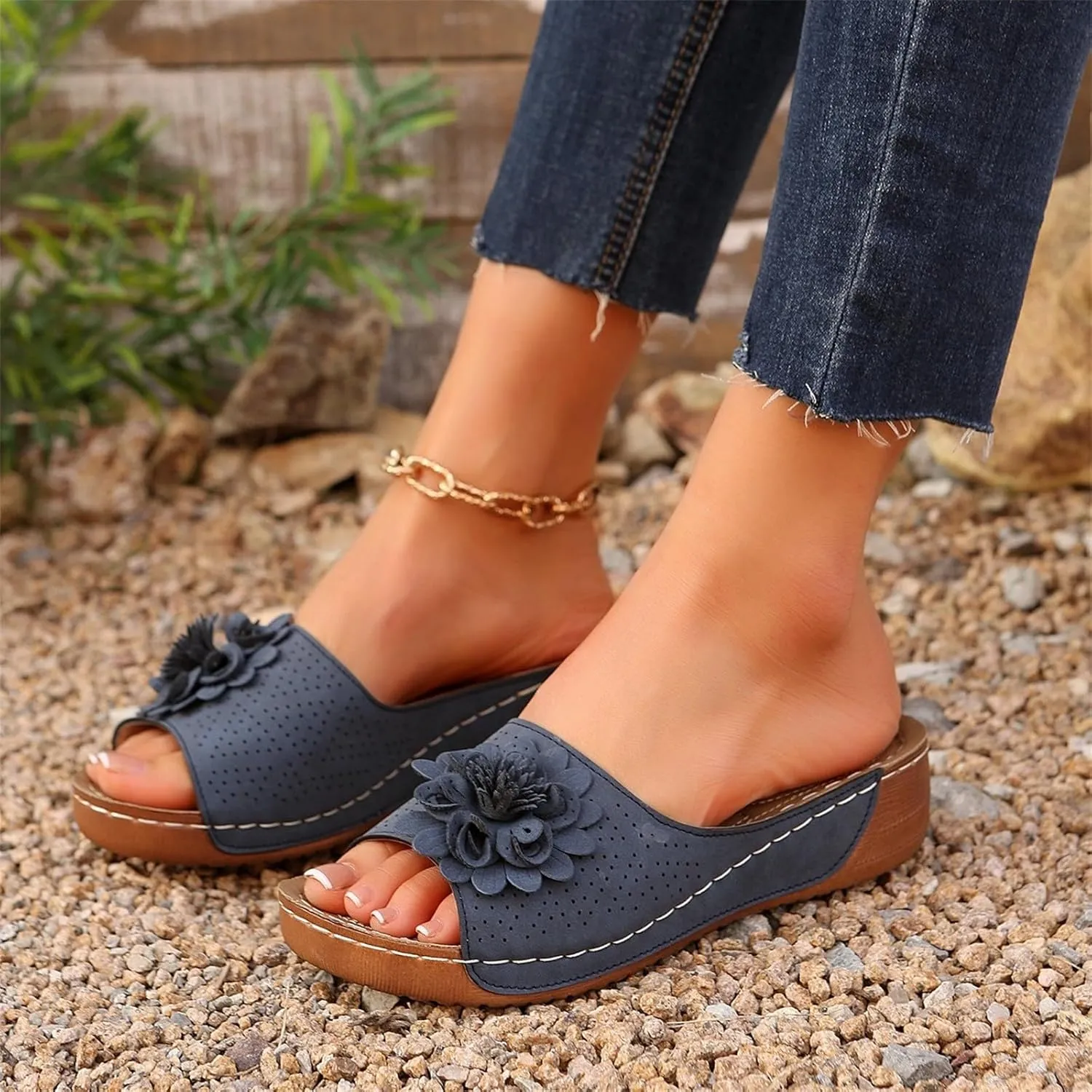 Womens Low Wedge Sandals Retro Bohemian Suede Leather Floral Breathable Slip On Orthopedic Arch Support Slide Sandals