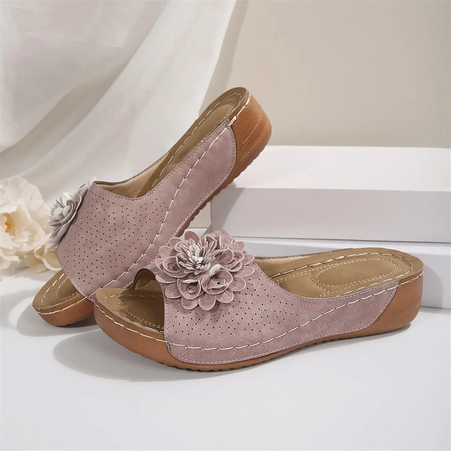 Womens Low Wedge Sandals Retro Bohemian Suede Leather Floral Breathable Slip On Orthopedic Arch Support Slide Sandals