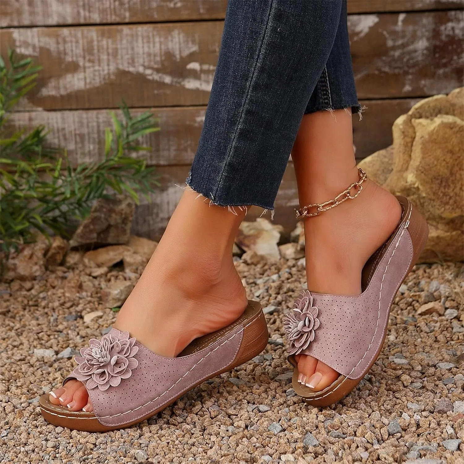 Womens Low Wedge Sandals Retro Bohemian Suede Leather Floral Breathable Slip On Orthopedic Arch Support Slide Sandals