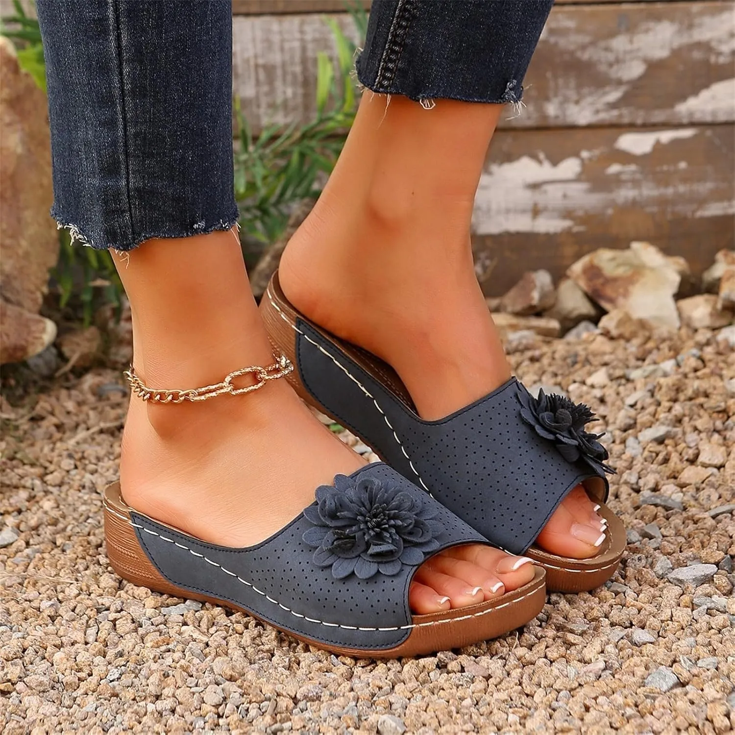 Womens Low Wedge Sandals Retro Bohemian Suede Leather Floral Breathable Slip On Orthopedic Arch Support Slide Sandals