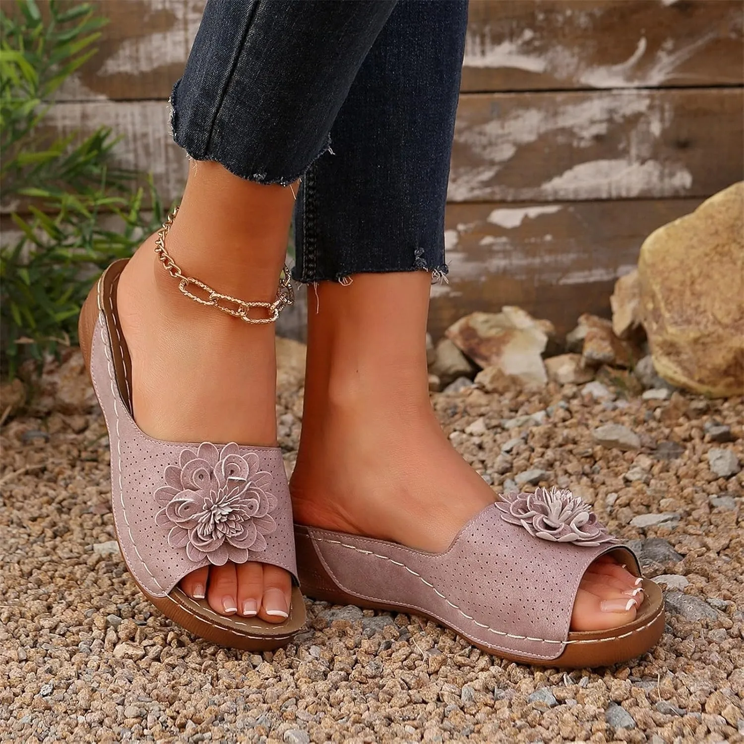Womens Low Wedge Sandals Retro Bohemian Suede Leather Floral Breathable Slip On Orthopedic Arch Support Slide Sandals