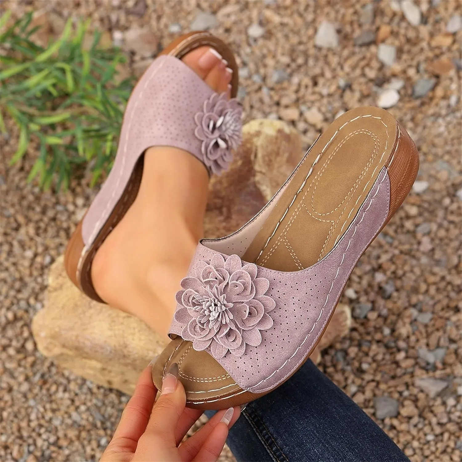 Womens Low Wedge Sandals Retro Bohemian Suede Leather Floral Breathable Slip On Orthopedic Arch Support Slide Sandals