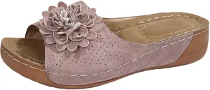 Womens Low Wedge Sandals Retro Bohemian Suede Leather Floral Breathable Slip On Orthopedic Arch Support Slide Sandals