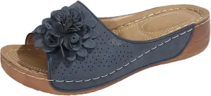 Womens Low Wedge Sandals Retro Bohemian Suede Leather Floral Breathable Slip On Orthopedic Arch Support Slide Sandals