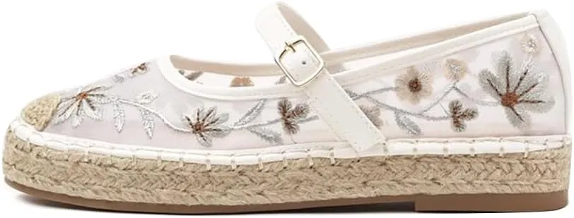 Women's Mary Jane Espadrilles Embroidered Mesh Woven Espadrille Outsole Ballet Flats Summer Casual Ballerina Shoes