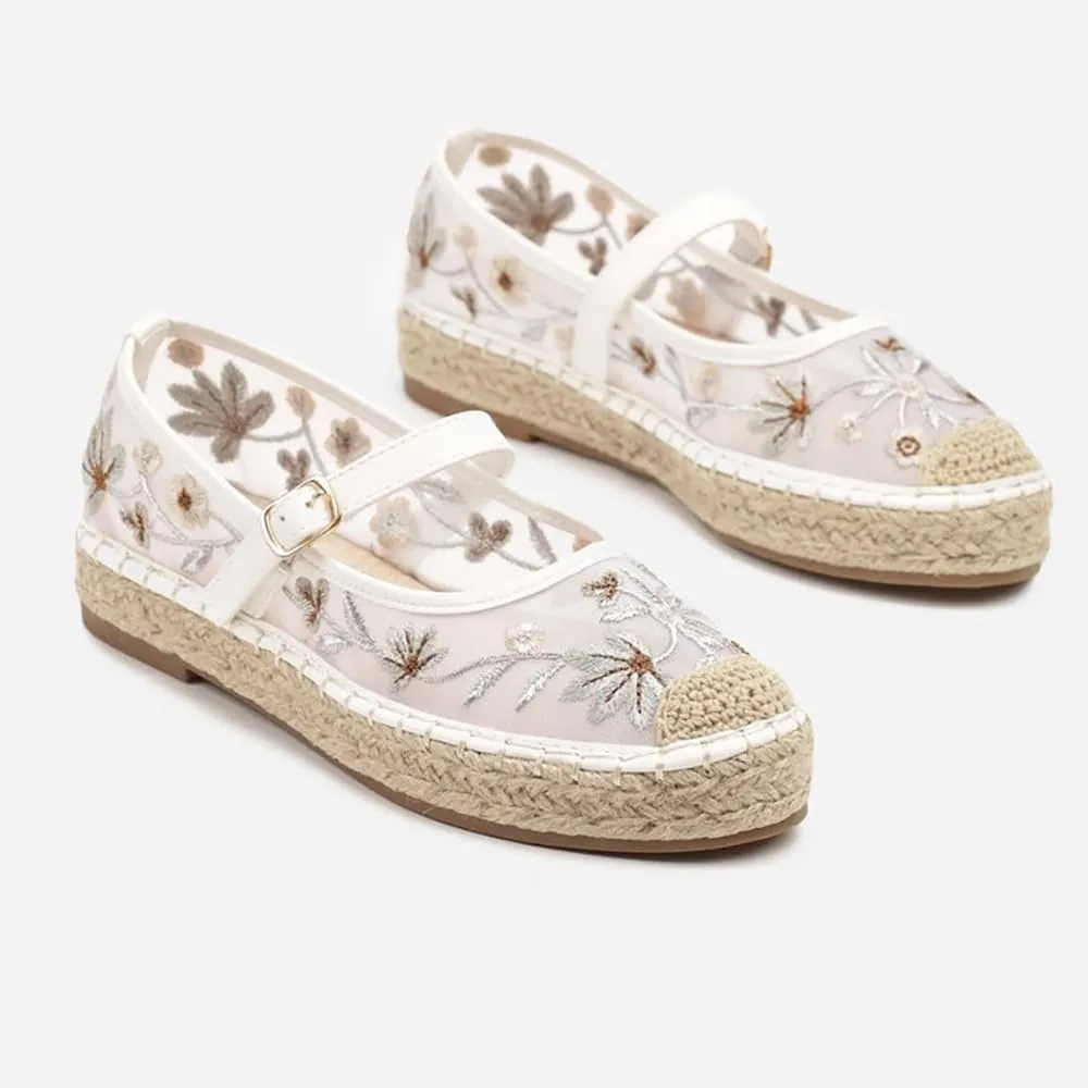 Women's Mary Jane Espadrilles Embroidered Mesh Woven Espadrille Outsole Ballet Flats Summer Casual Ballerina Shoes