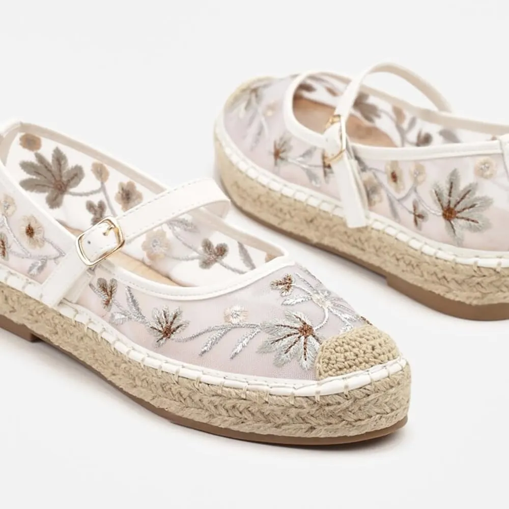 Women's Mary Jane Espadrilles Embroidered Mesh Woven Espadrille Outsole Ballet Flats Summer Casual Ballerina Shoes