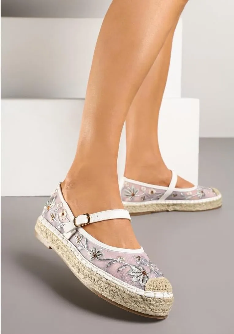 Women's Mary Jane Espadrilles Embroidered Mesh Woven Espadrille Outsole Ballet Flats Summer Casual Ballerina Shoes