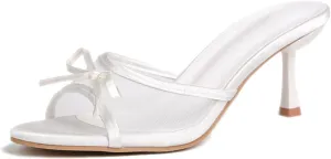 Women's Mesh Bow Fish Mouth Kitten Heel Mules Slide Sandals Comfort Sexy Open toe Slip On Stiletto Backless Dress Slippers for Summer Party Wedding Work
