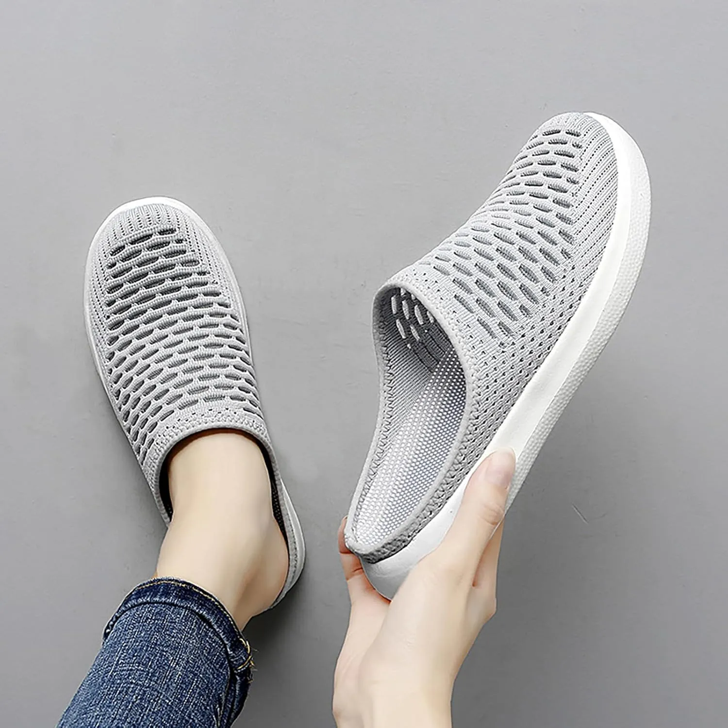 Women's Mesh Breathable Flat Mule Shoes Closed Round Toe Knit Backless Slip On Softsole Lightweight Walking Shoes for Vacation Work