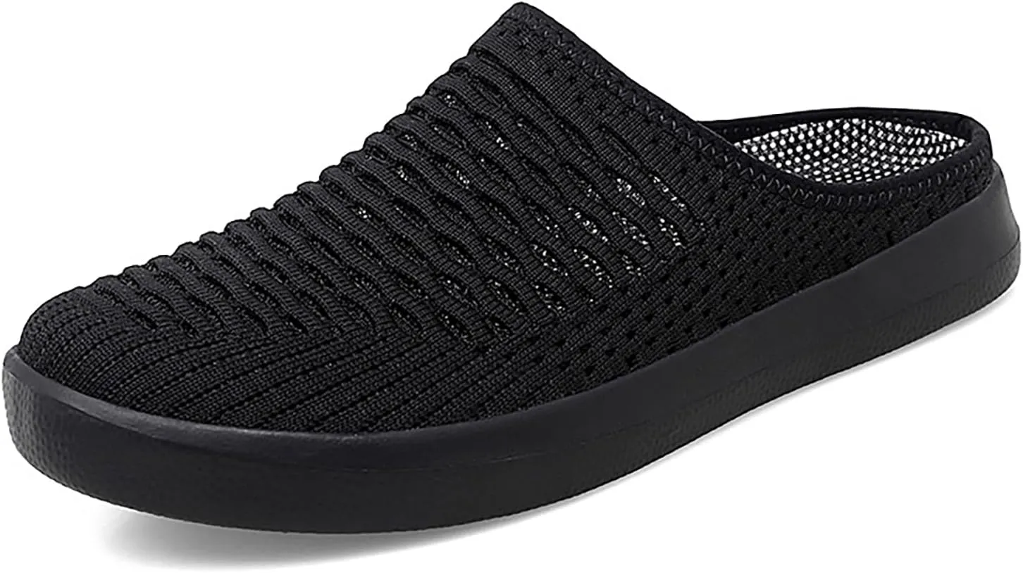 Women's Mesh Breathable Flat Mule Shoes Closed Round Toe Knit Backless Slip On Softsole Lightweight Walking Shoes for Vacation Work