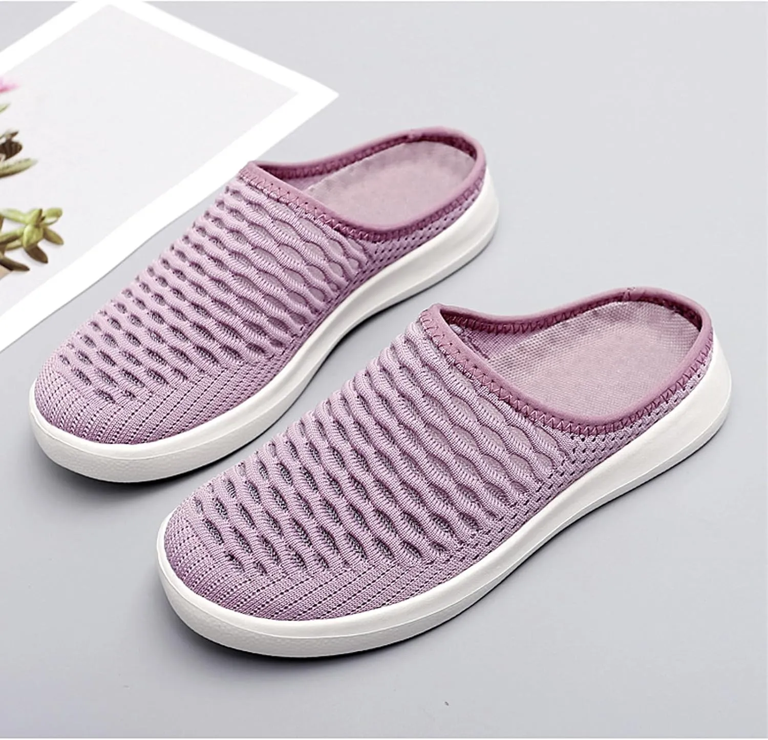 Women's Mesh Breathable Flat Mule Shoes Closed Round Toe Knit Backless Slip On Softsole Lightweight Walking Shoes for Vacation Work