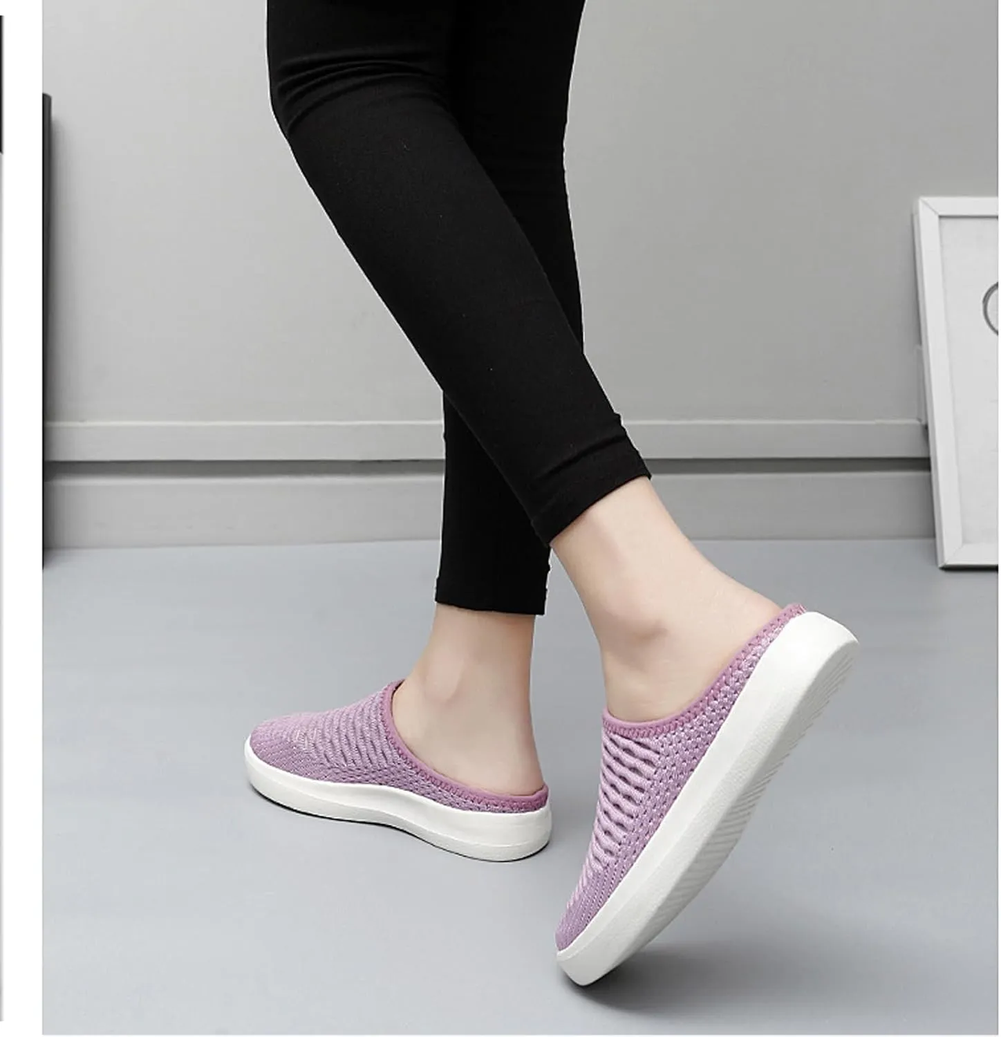 Women's Mesh Breathable Flat Mule Shoes Closed Round Toe Knit Backless Slip On Softsole Lightweight Walking Shoes for Vacation Work