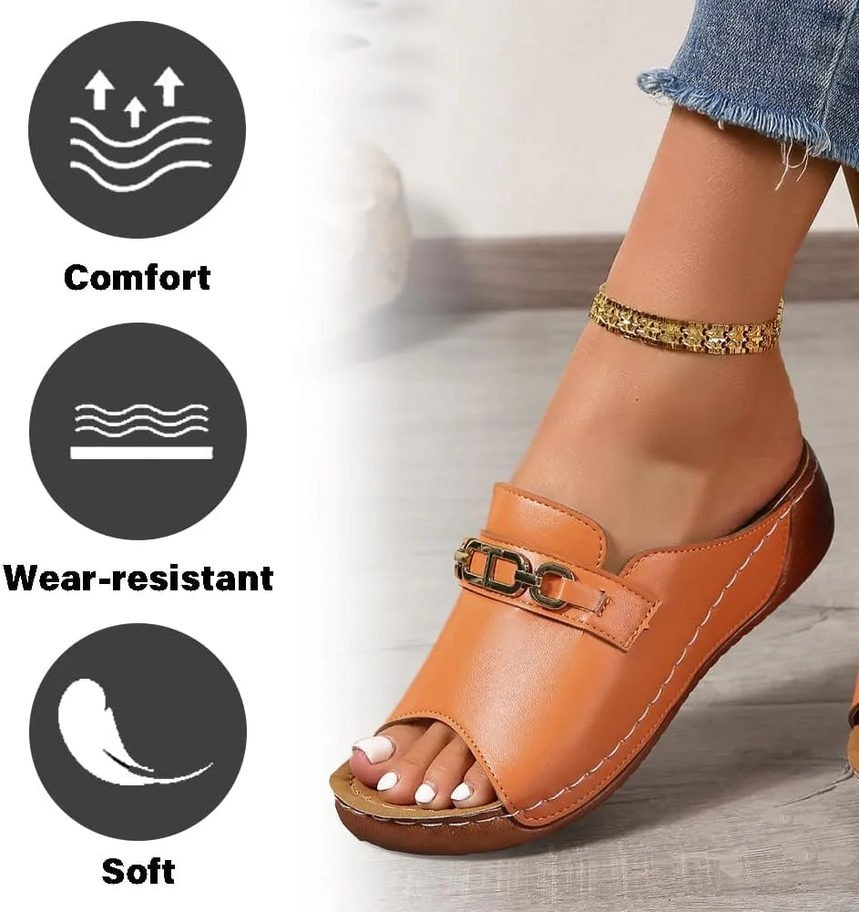 Womens Metal Buckle Sandals Cork Wedge Slides Open Toe Slippers Platform Summer Shoes