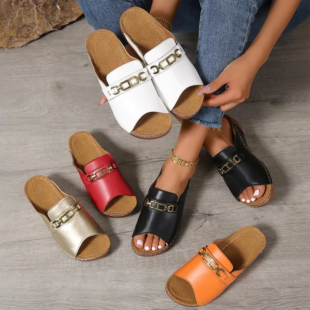 Womens Metal Buckle Sandals Cork Wedge Slides Open Toe Slippers Platform Summer Shoes