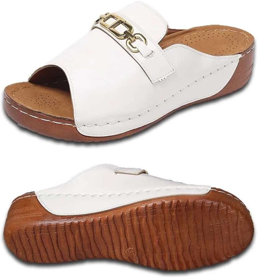 Womens Metal Buckle Sandals Cork Wedge Slides Open Toe Slippers Platform Summer Shoes
