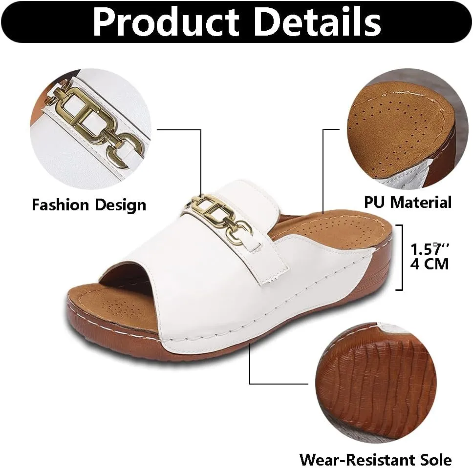 Womens Metal Buckle Sandals Cork Wedge Slides Open Toe Slippers Platform Summer Shoes