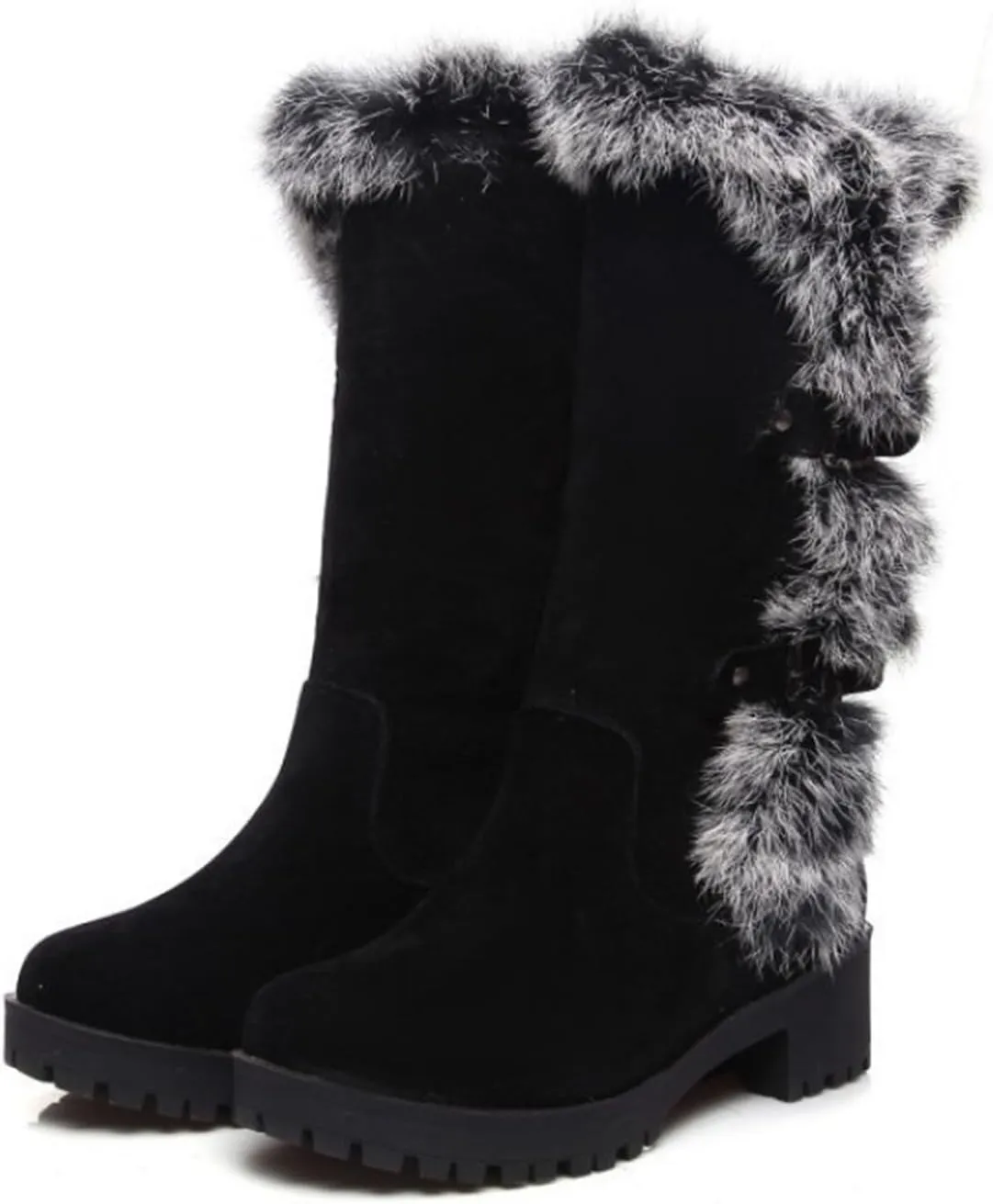 Women's Mid-Calf Winter Platform Hidden Wedge Boots Slip-on Fu𝐫 Collar Warm 𝐖aterproof Leather Non-slip Snow Boot