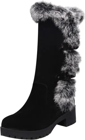 Women's Mid-Calf Winter Platform Hidden Wedge Boots Slip-on Fu𝐫 Collar Warm 𝐖aterproof Leather Non-slip Snow Boot