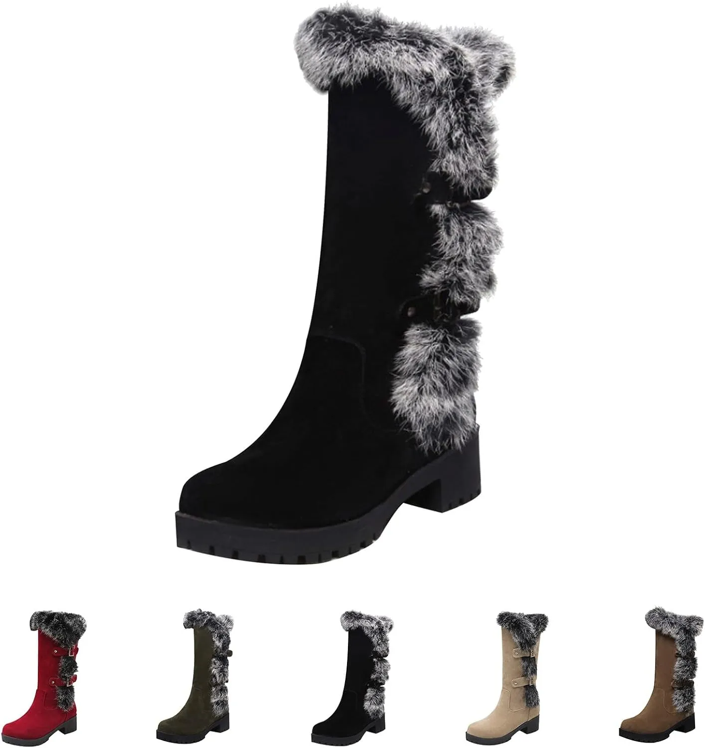 Women's Mid-Calf Winter Platform Hidden Wedge Boots Slip-on Fu𝐫 Collar Warm 𝐖aterproof Leather Non-slip Snow Boot